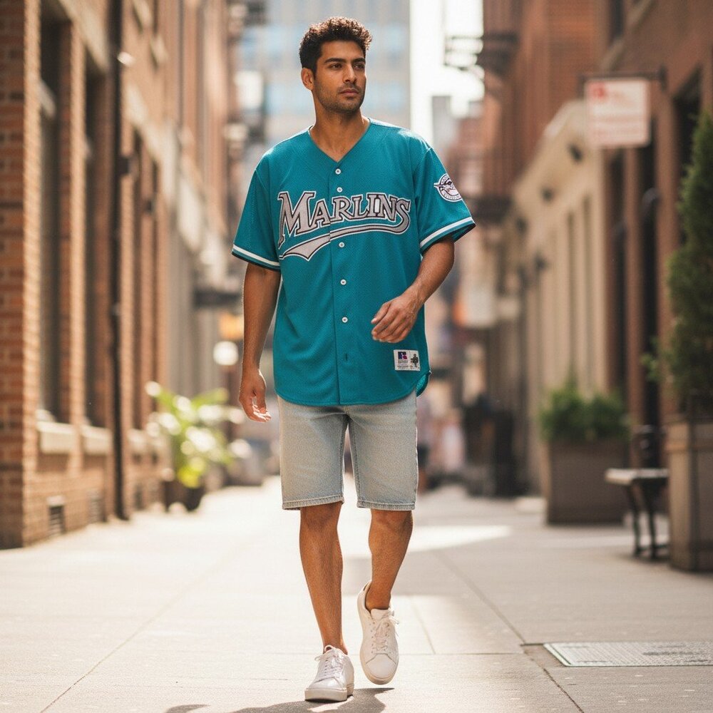 MLB Florida Marlins Vtg Russel Teal & Gray Diamond Jersey sz 40 Baseball USA